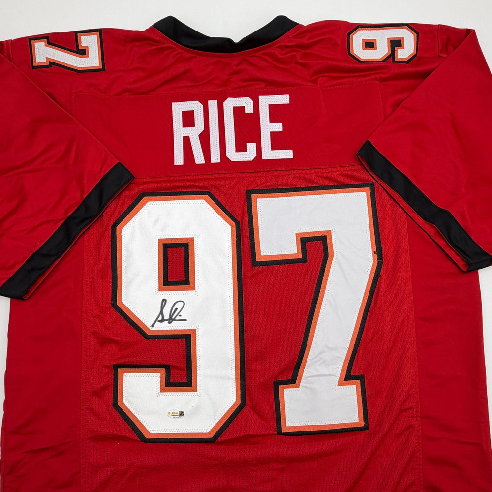 Autographed/Signed Simeon Rice Tampa Bay Red Football Jersey JSA COA (ONLINE ORDER ONLY)
