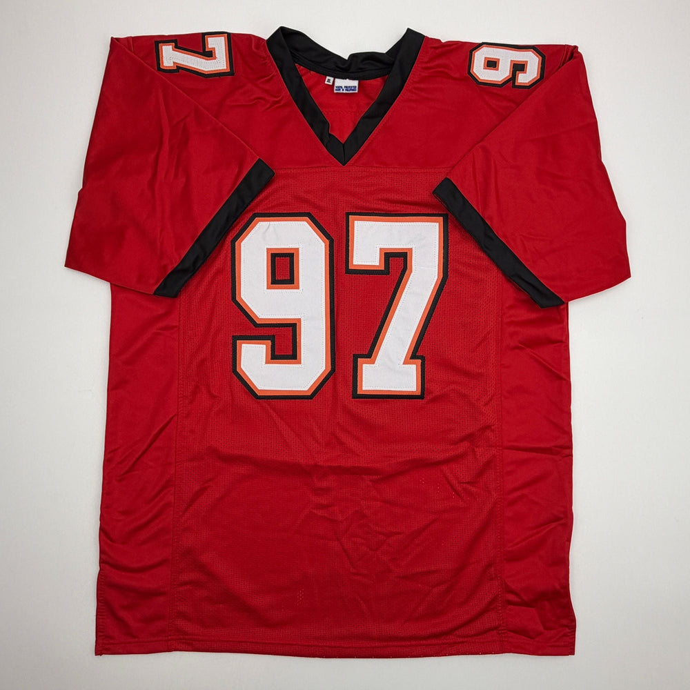 Autographed/Signed Simeon Rice Tampa Bay Red Football Jersey JSA COA (ONLINE ORDER ONLY)