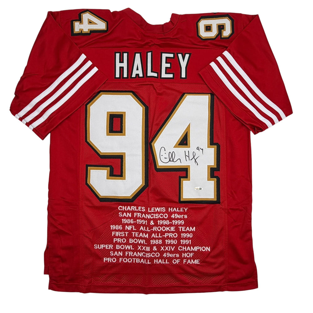 Autographed/Signed Charles Haley San Francisco Red Alternate Stat Football Jersey JSA COA (ONLINE ORDER ONLY)