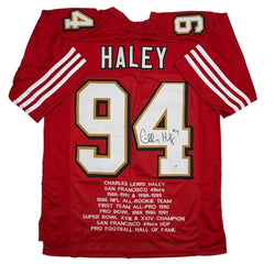 Autographed/Signed Charles Haley San Francisco Red Alternate Stat Football Jersey JSA COA (ONLINE ORDER ONLY)