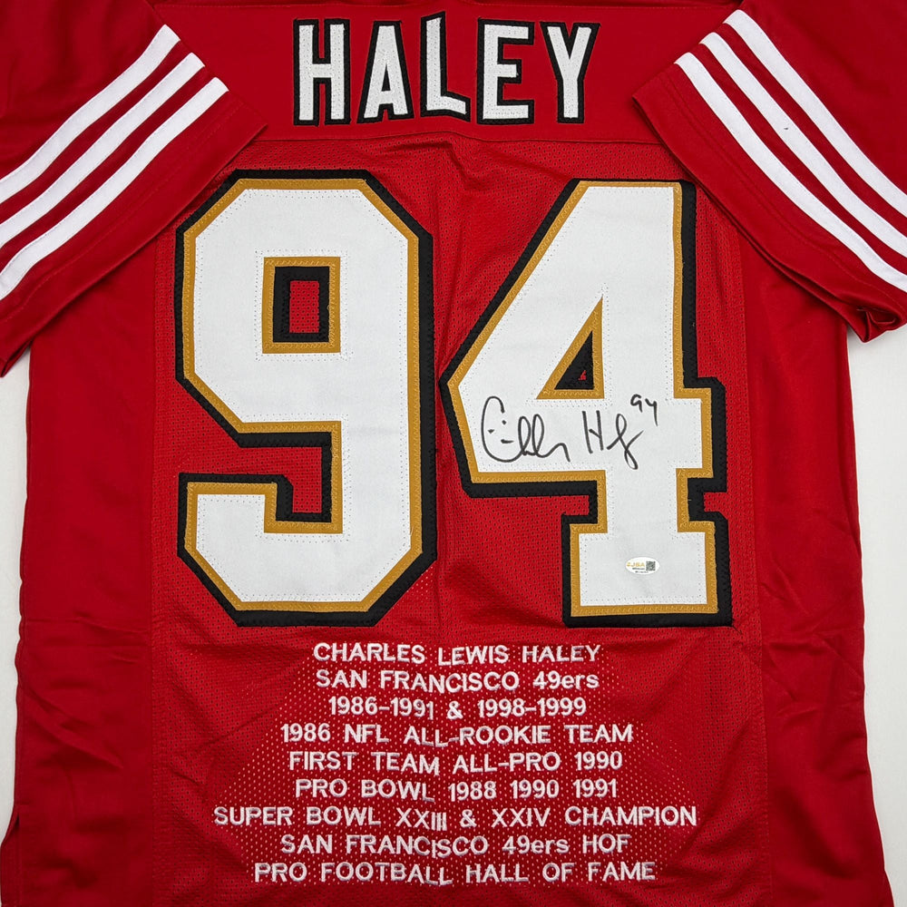 Autographed/Signed Charles Haley San Francisco Red Alternate Stat Football Jersey JSA COA (ONLINE ORDER ONLY)