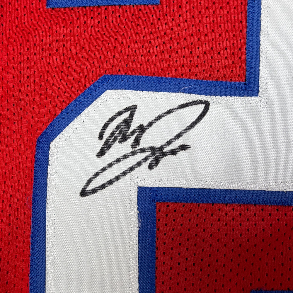 Autographed/Signed Marcus Jones New England Red Pro Cut Football Jersey Beckett BAS COA (ONLINE ORDER ONLY)