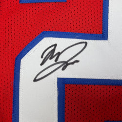 Autographed/Signed Marcus Jones New England Red Pro Cut Football Jersey Beckett BAS COA (ONLINE ORDER ONLY)