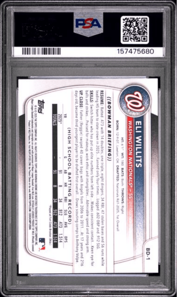 Graded 2025 Topps Bowman Draft Eli Willits #BD1 Rookie RC Baseball Card PSA 10 Gem Mint (ONLINE ORDER ONLY)