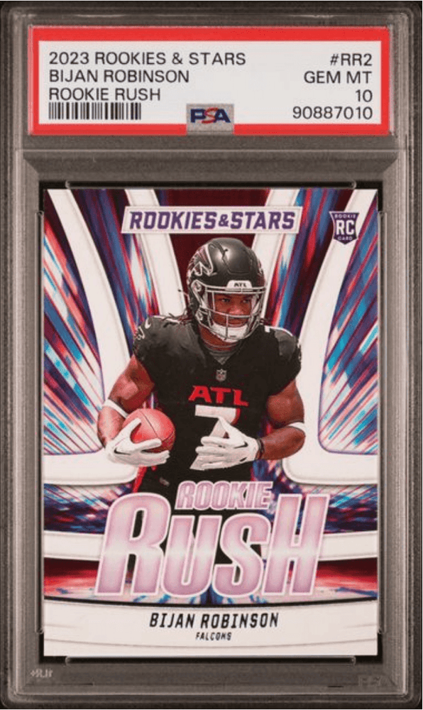 Graded 2023 Panini Rookies & Stars Bijan Robinson #RR2 Rookie Rush Rookie RC Football Card PSA 10 Gem Mint (ONLINE ORDER ONLY)