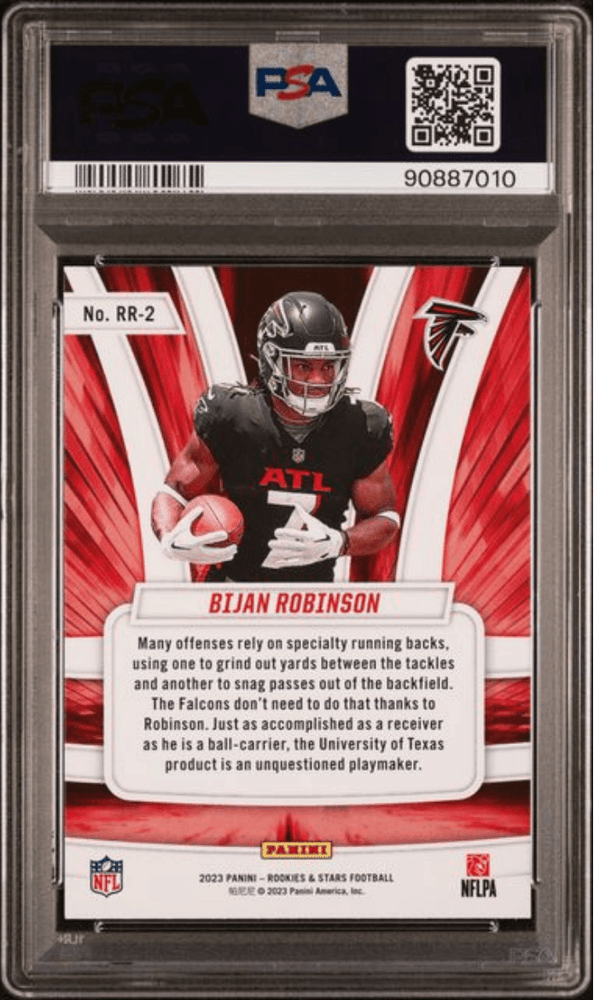 Graded 2023 Panini Rookies & Stars Bijan Robinson #RR2 Rookie Rush Rookie RC Football Card PSA 10 Gem Mint (ONLINE ORDER ONLY)