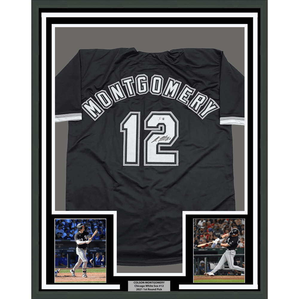 Framed Autographed/Signed Colson Montgomery 35x39 Chicago Black Baseball Jersey Beckett BAS COA (ONLINE ORDER ONLY)