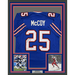 Framed Autographed/Signed LeSean McCoy 35x39 Buffalo Blue Football Jersey JSA COA (ONLINE ORDER ONLY)