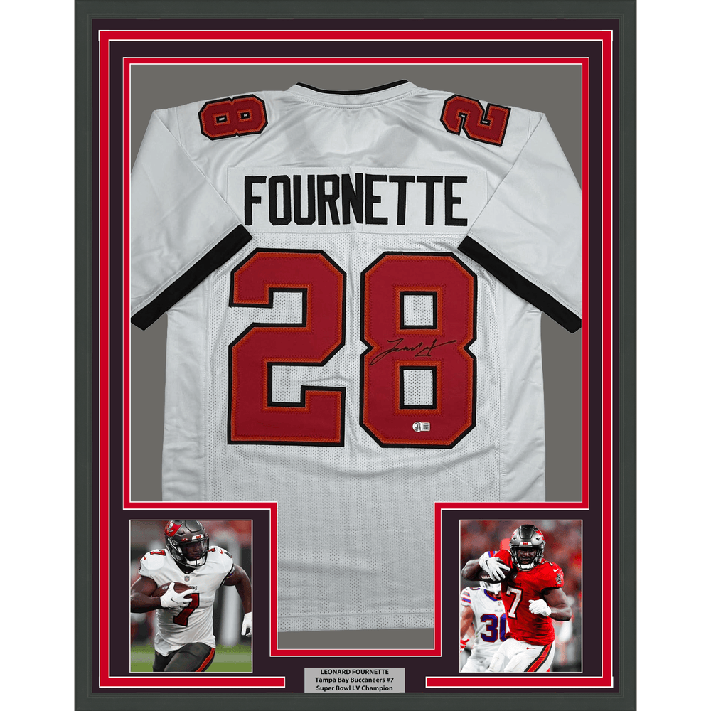 Framed Autographed/Signed Leonard Fournette 35x39 Tampa Bay White Football Jersey Beckett BAS COA (ONLINE ORDER ONLY)