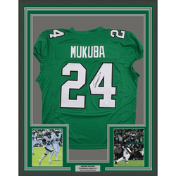 Framed Autographed/Signed Andrew Mukuba 35x39 Philadelphia Kelly Green Pro Cut Football Jersey JSA COA (ONLINE ORDER ONLY)