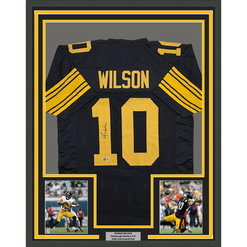 Framed Autographed/Signed Roman Wilson 35x39 Pittsburgh Black Color Rush Football Jersey Beckett BAS COA (ONLINE ORDER ONLY)