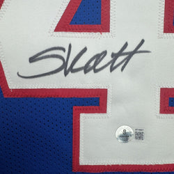 Autographed/Signed Cam Skattebo New York Blue Retro Football Jersey Beckett BAS COA