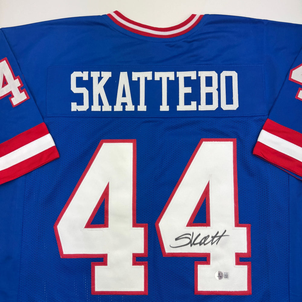 Autographed/Signed Cam Skattebo New York Blue Retro Football Jersey Beckett BAS COA