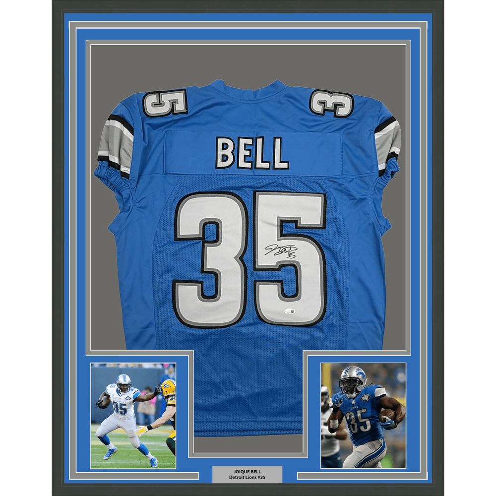 Framed Autographed/Signed Joique Bell 35x39 Detroit Blue Pro Cut Football Jersey JSA COA (ONLINE ORDER ONLY)