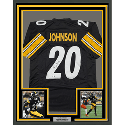 Framed Autographed/Signed Kaleb Johnson 35x39 Pittsburgh Black Football Jersey Beckett BAS COA (ONLINE ORDER ONLY)