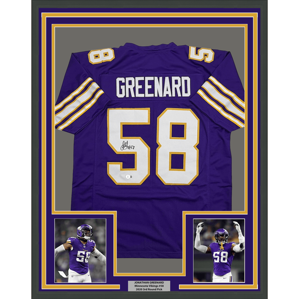 Framed Autographed/Signed Jonathan Greenard 35x39 Minnesota Purple Retro Football Jersey Beckett BAS COA (ONLINE ORDER ONLY)