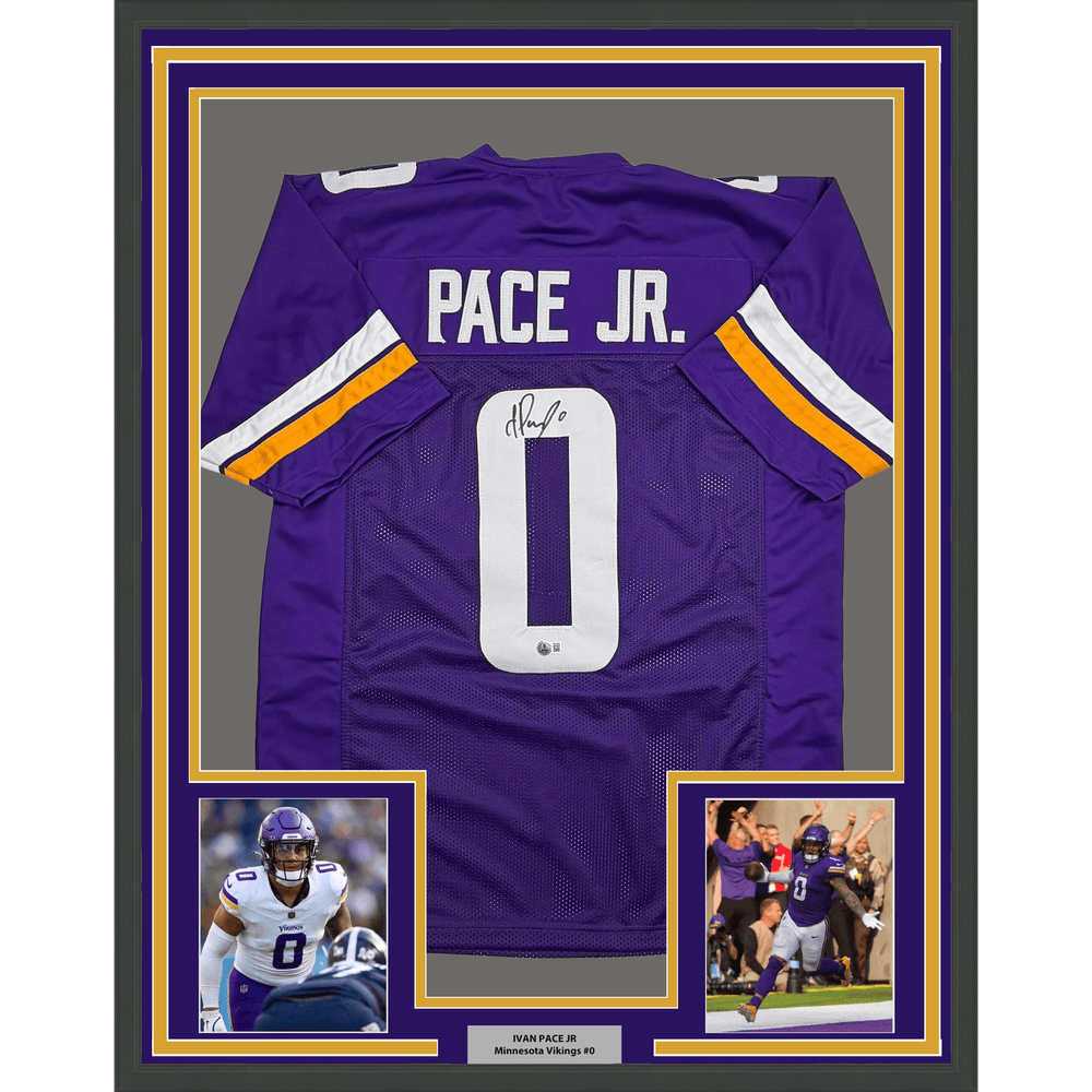 Framed Autographed/Signed Ivan Pace Jr. 35x39 Minnesota Purple Football Jersey Beckett BAS COA (ONLINE ORDER ONLY)