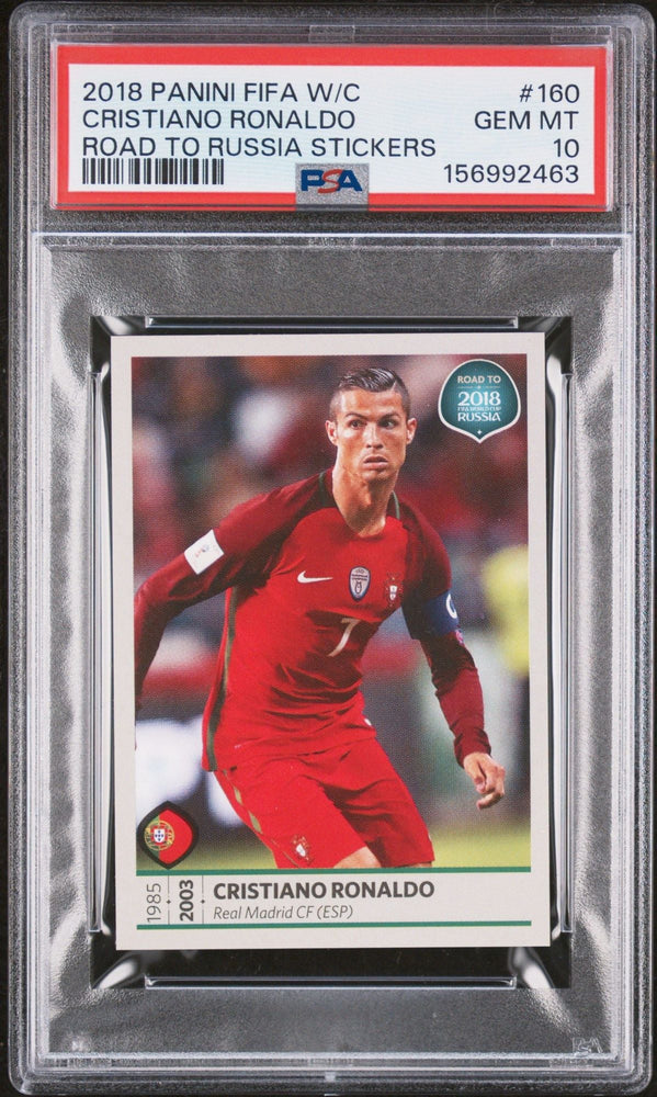 Graded 2018 Panini FIFA World Cup Cristiano Ronaldo #160 Portugal Road to Russia Stickers Soccer Card PSA 10 Gem Mint (ONLINE ORDER ONLY)