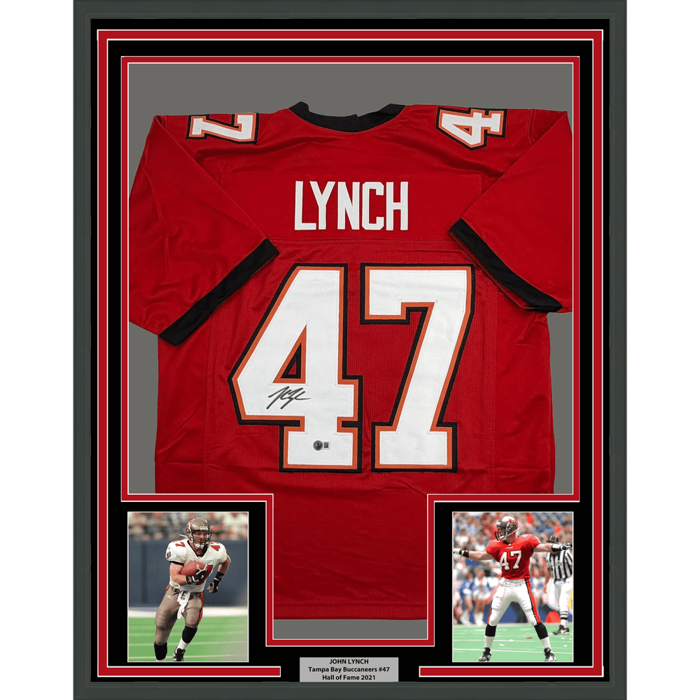 Framed Autographed/Signed John Lynch 35x39 Tampa Bay Red Football Jersey Beckett BAS COA (ONLINE ORDER ONLY)