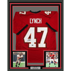 Framed Autographed/Signed John Lynch 35x39 Tampa Bay Red Football Jersey Beckett BAS COA (ONLINE ORDER ONLY)