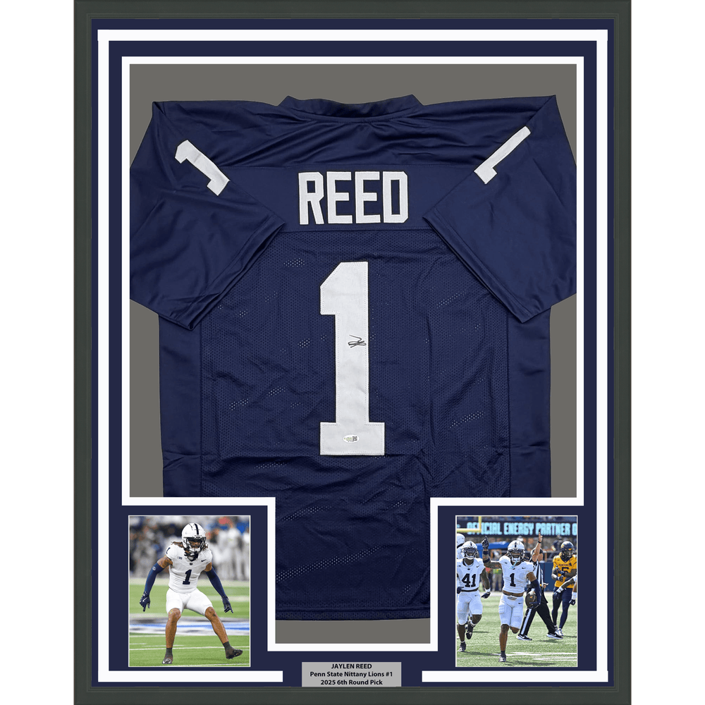 Framed Autographed/Signed Jaylen Reed 35x39 Penn State Blue College Football Jersey JSA COA (ONLINE ORDER ONLY)