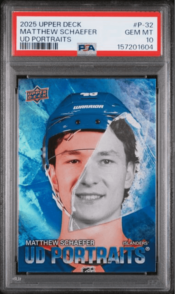 Graded 2025 Upper Deck Matthew Schaeffer #P32 UD Portraits Rookie RC Hockey Card PSA 10 Gem Mint (ONLINE ORDER ONLY)