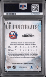 Graded 2025 Upper Deck Matthew Schaeffer #P32 UD Portraits Rookie RC Hockey Card PSA 10 Gem Mint (ONLINE ORDER ONLY)