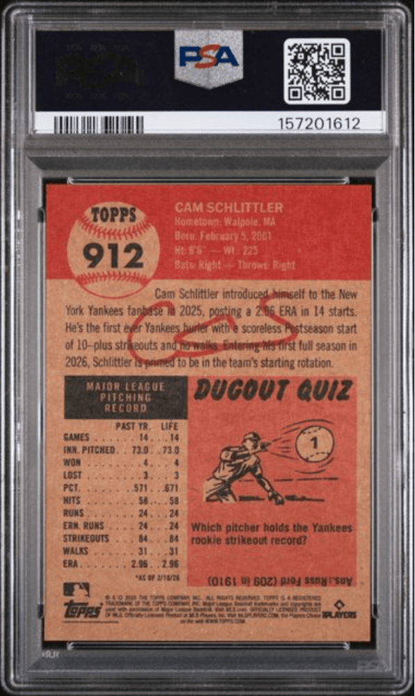 Graded 2026 Topps Living Cam Schlittler #912 Rookie RC Baseball Card PSA 10 Gem Mint (ONLINE ORDER ONLY)