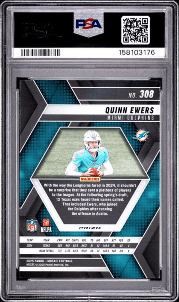 Graded 2025 Panini Mosaic Quinn Ewers #308 Pink Camo Rookie RC Football Card PSA 10 Gem Mint (ONLINE ORDER ONLY)