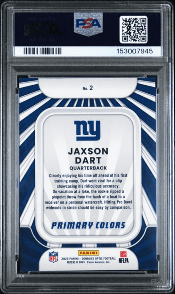 Graded 2025 Panini Donruss Optic Jaxson Dart #2 Rookie Primary Colors Rookie RC Football Card PSA 10 Gem Mint (ONLINE ORDER ONLY)