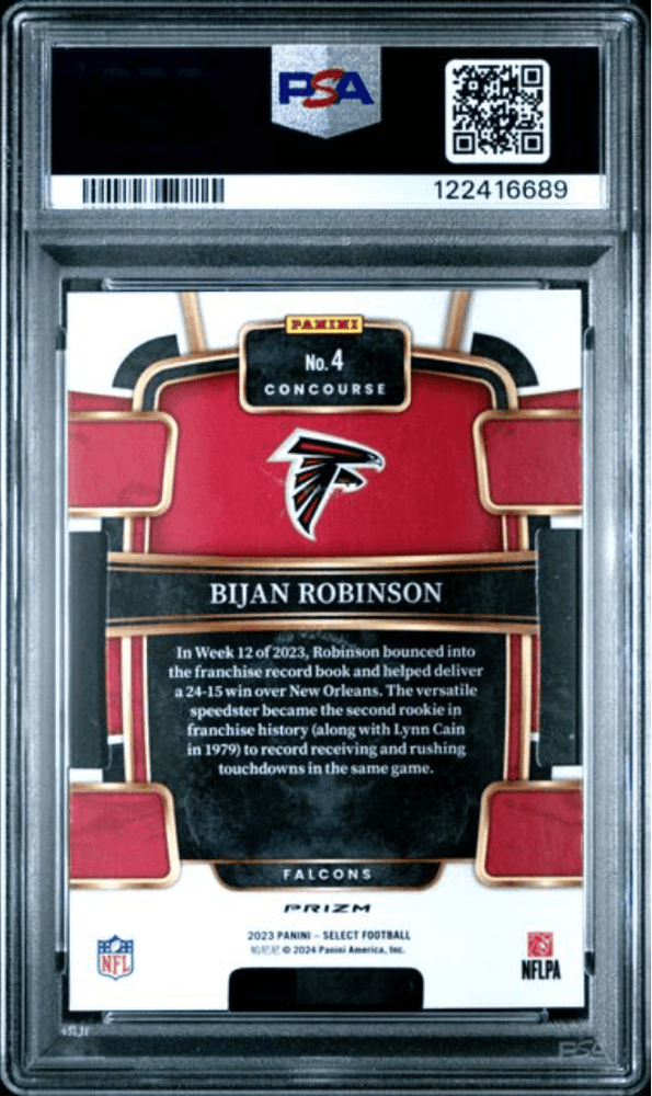 Graded 2023 Panini Select Bijan Robinson #4 Die Cut Silver Prizm Rookie RC Football Card PSA 10 Gem Mint (ONLINE ORDER ONLY)