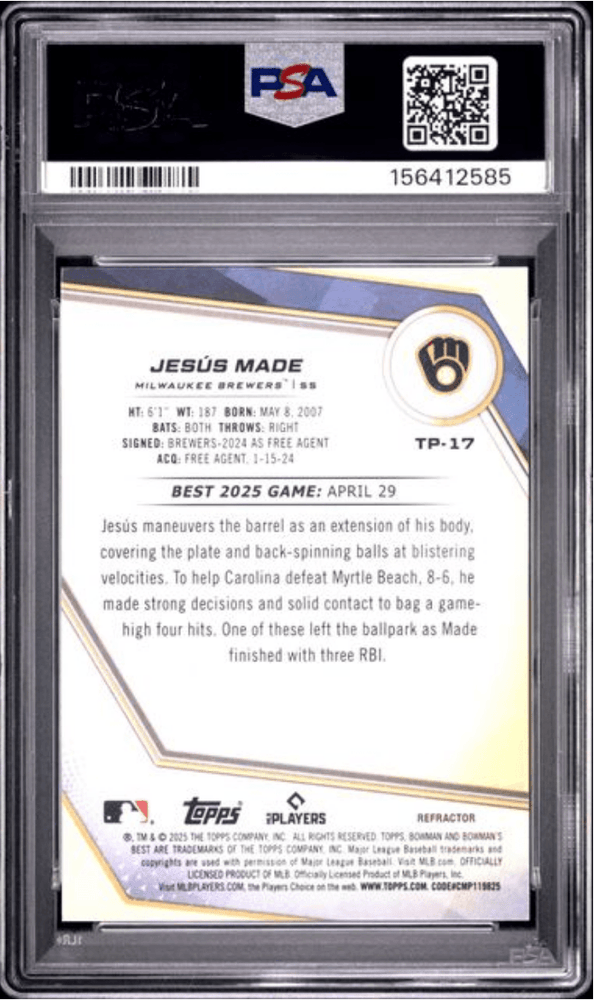 Graded 2025 Topps Bowmans Best Jesus Made #TP17 Top Prospects Refractor Rookie RC Baseball Card PSA 10 Gem Mint (ONLINE ORDER ONLY)