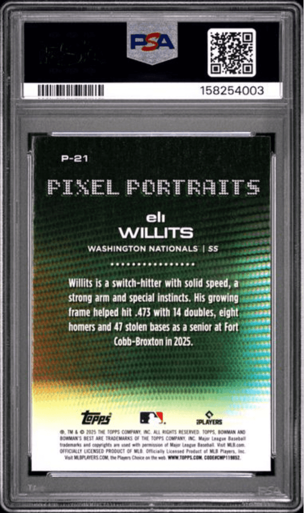Graded 2025 Topps Bowmans Best Eli Willits #P21 Pixel Portraits Rookie RC Baseball Card PSA 10 Gem Mint (ONLINE ORDER ONLY)