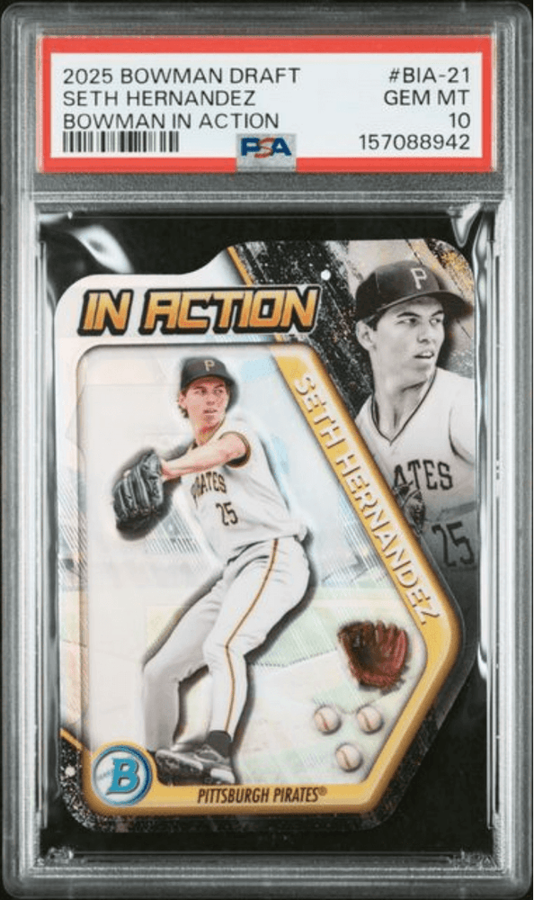 Graded 2025 Topps Bowman Draft Seth Hernandez #BIA21 Bowman in Action Rookie RC Baseball Card PSA 10 Gem Mint (ONLINE ORDER ONLY)