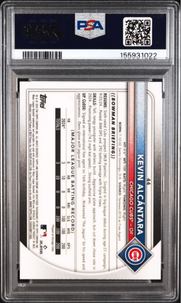 Graded 2025 Topps Bowman Chrome Sapphire Edition Kevin Alcantara #44 Gold /50 Rookie RC Baseball Card PSA 10 Gem Mint (ONLINE ORDER ONLY)