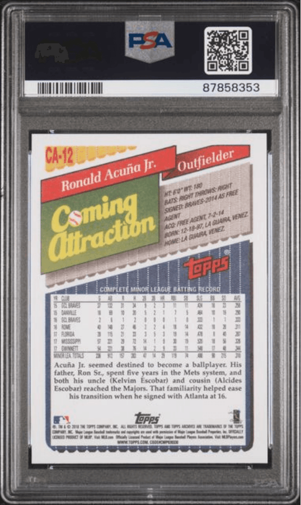Graded 2018 Topps Archives Ronald Acuna Jr #CA12 1993 Coming Attraction Rookie RC Baseball Card PSA 10 Gem Mint (ONLINE ORDER ONLY)