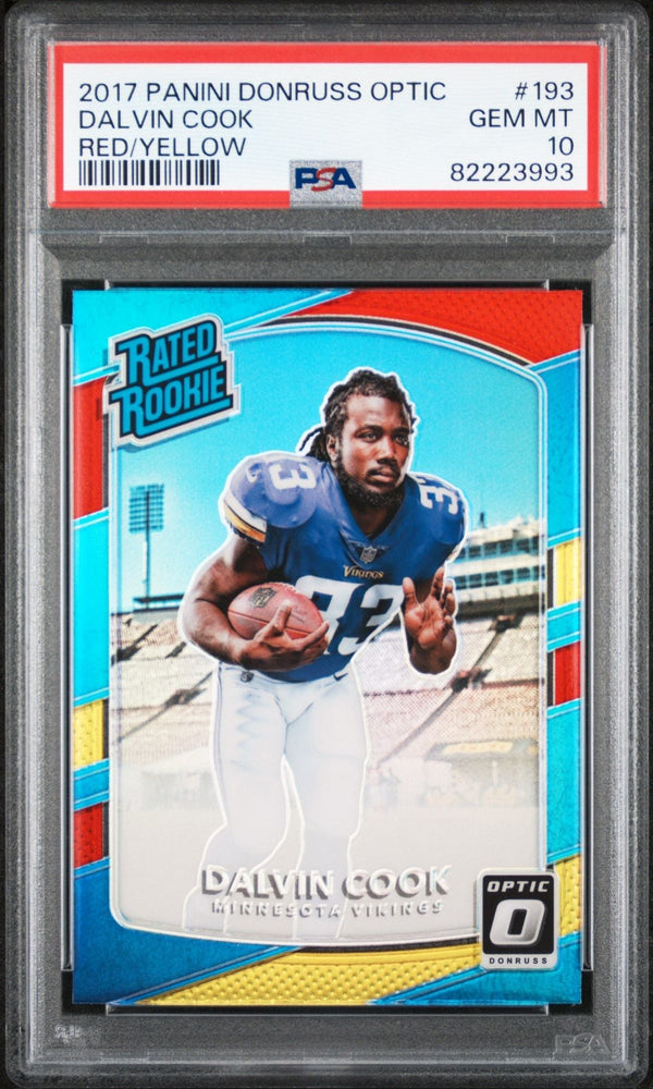 Graded 2017 Panini Donruss Optic Dalvin Cook #193 Red/Yellow Rookie RC Football Card PSA 10 Gem Mint (ONLINE ORDER ONLY)