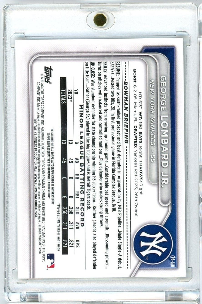 Graded 2024 Topps Bowman George Lombard Jr #CPAGLO Chrome Prospect Autograph 1st Bowman Rookie RC Baseball Card (ONLINE ORDER ONLY)