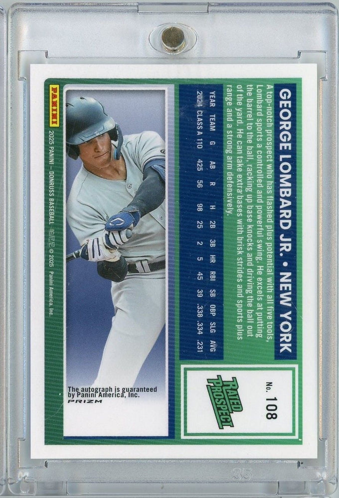 Graded 2025 Donruss Optic George Lombard Jr #108 Rated Prospect Autograph Prizm Refractor Rookie RC Baseball Card (ONLINE ORDER ONLY)