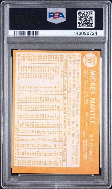 Graded 1964 Topps Mickey Mantle #50 Baseball Card PSA 2 Good (ONLINE ORDER ONLY)