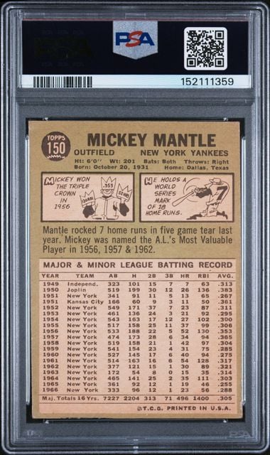 Graded 1967 Topps Mickey Mantle #150 Baseball Card PSA 2 Good (ONLINE ORDER ONLY)