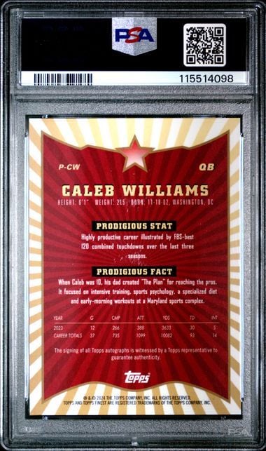 Graded 2024 Topps Finest Football Caleb Williams #PCW Prodigies Autograph Rookie RC Football Card PSA 10 Gem Mint (ONLINE ORDER ONLY)