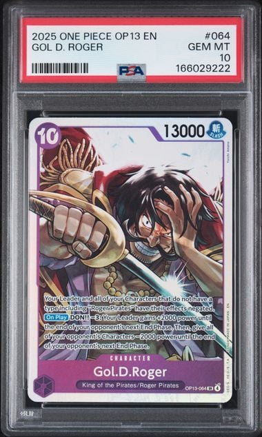 Graded 2025 One Piece Gol.D.Roger #064 OP13 EN Trading Card Game PSA 10 Gem Mint (ONLINE ORDER ONLY)