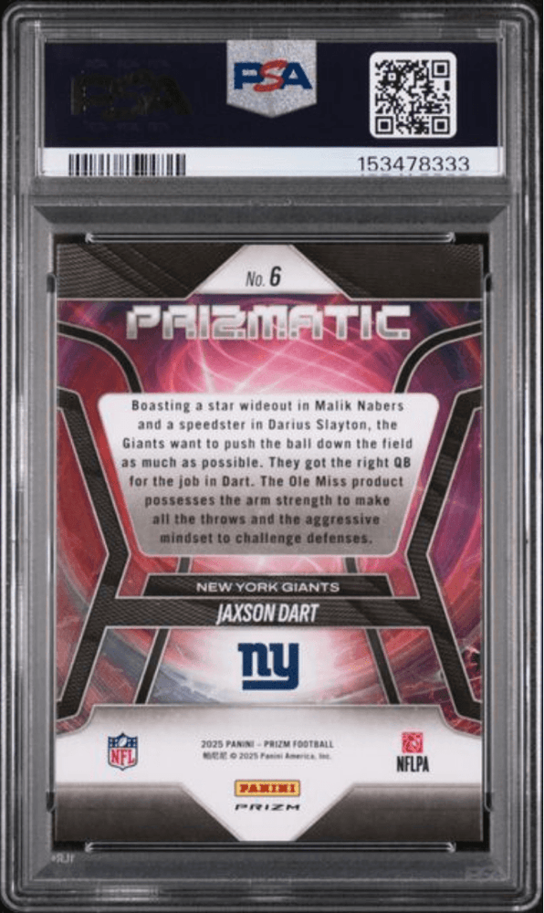 Graded 2025 Panini Prizm Jaxson Dart #6 Prizmatic Silver Prizm Rookie RC Football Card PSA 10 Gem Mint (ONLINE ORDER ONLY)
