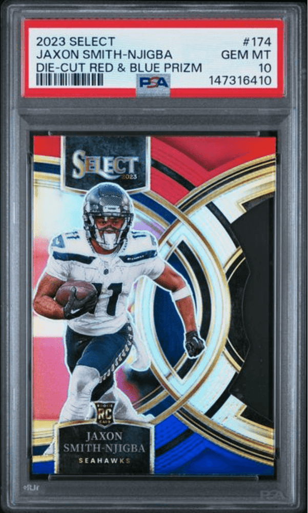 Graded 2023 Panini Select Jaxon Smith-Njigba #174 Die-Cut Red & Blue Prizm Rookie RC Football Card PSA 10 Gem Mint (ONLINE ORDER ONLY)