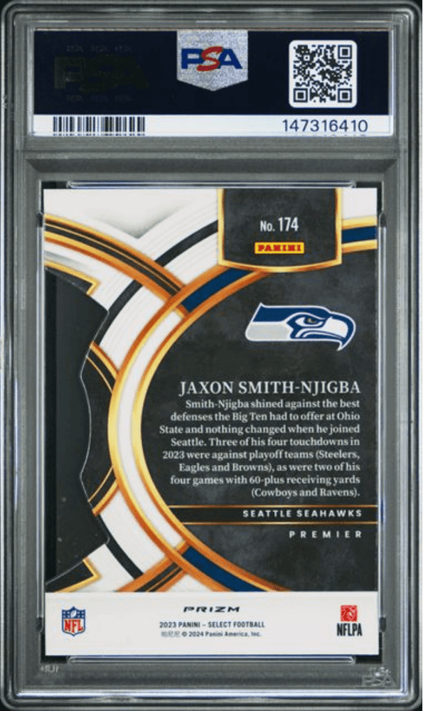 Graded 2023 Panini Select Jaxon Smith-Njigba #174 Die-Cut Red & Blue Prizm Rookie RC Football Card PSA 10 Gem Mint (ONLINE ORDER ONLY)