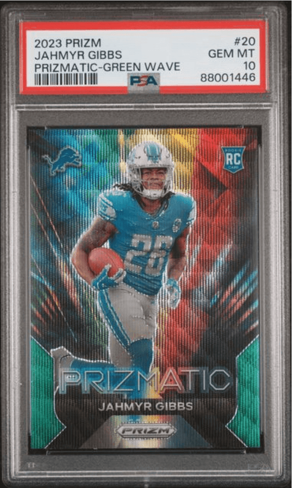 Graded 2023 Panini Prizm Jahmyr Gibbs #20 Prizmatic Green Wave Rookie RC Football Card PSA 10 Gem Mint (ONLINE ORDER ONLY)
