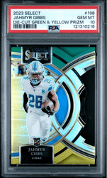 Graded 2023 Panini Select Jahmyr Gibbs #198 Die Cut Green & Yellow Prizm Rookie RC Football Card PSA 10 Gem Mint (ONLINE ORDER ONLY)