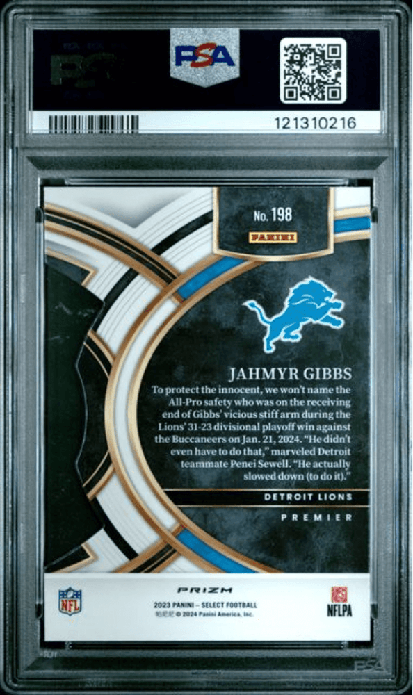 Graded 2023 Panini Select Jahmyr Gibbs #198 Die Cut Green & Yellow Prizm Rookie RC Football Card PSA 10 Gem Mint (ONLINE ORDER ONLY)