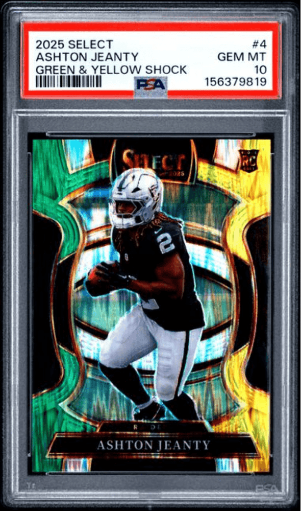 Graded 2025 Panini Select Ashton Jeanty #4 Green & Yellow Shock Rookie RC Football Card PSA 10 Gem Mint (ONLINE ORDER ONLY)